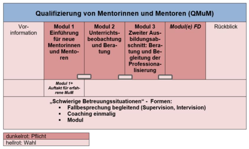 Schaubild mit den vier bernindlichen Fortbildungsmodulen: Einführung neuer Mentorinnen und Mentoren, Unterrichtsbeobachtung und Beratung, Beraten und Begleiten bei der Professionalisierung, fachdidaktische Module 
